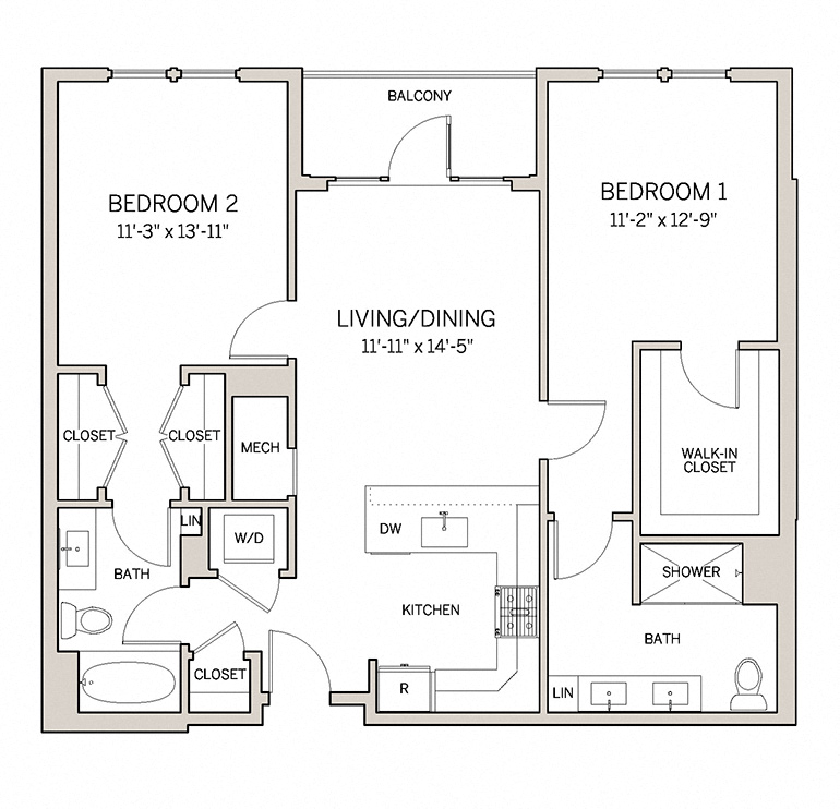Floor plan for 2 beds, 2 baths, 1091 sqft